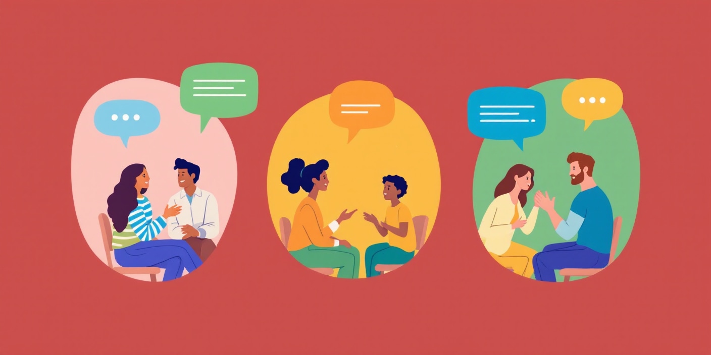 Scènes de vie quotidienne illustrant l'application des techniques PNL en famille, au travail et en couple