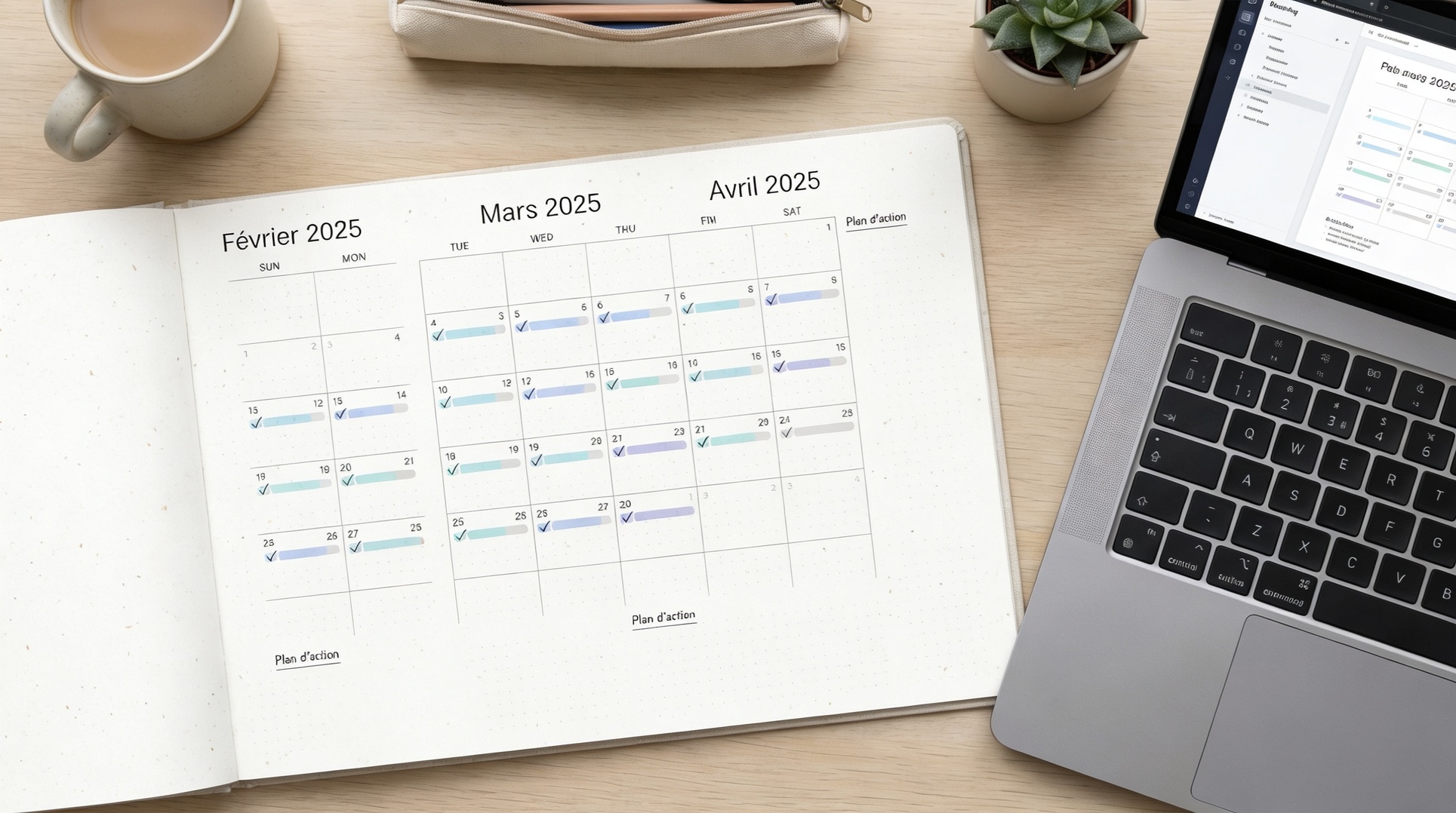 Calendrier de planification avec plan d'action structuré sur 90 jours