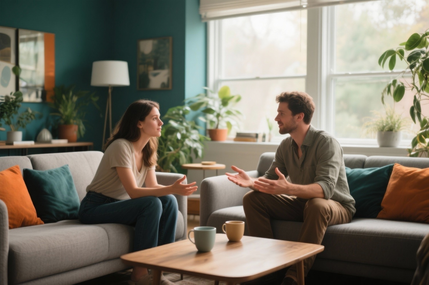Couple en discussion bienveillante dans un salon moderne