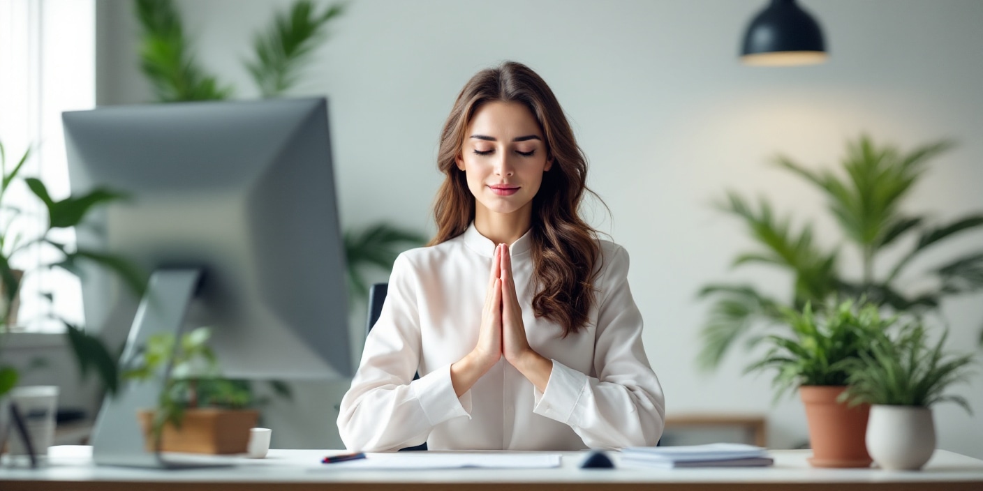 Femme pratiquant discrètement un exercice de respiration à son bureau