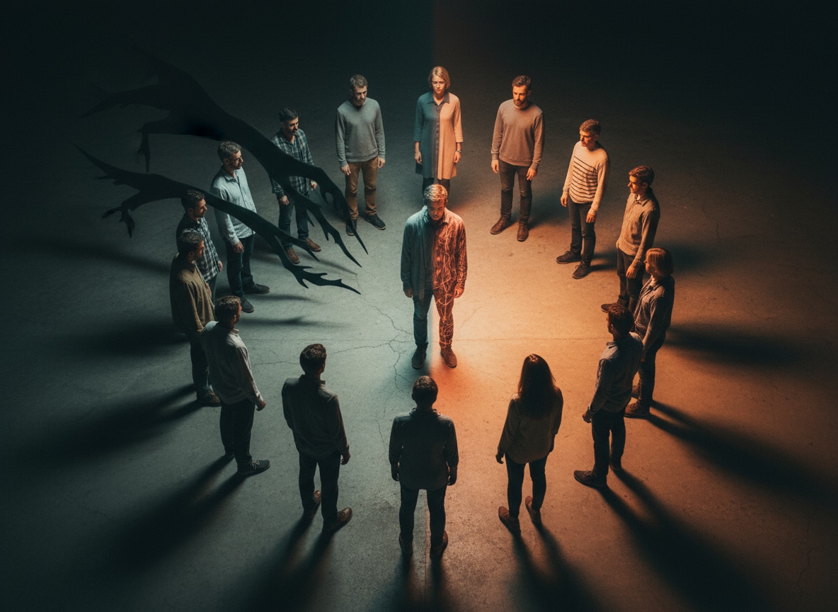 Groupe de personnes dont certaines projettent des ombres négatives symbolisant l'influence toxique