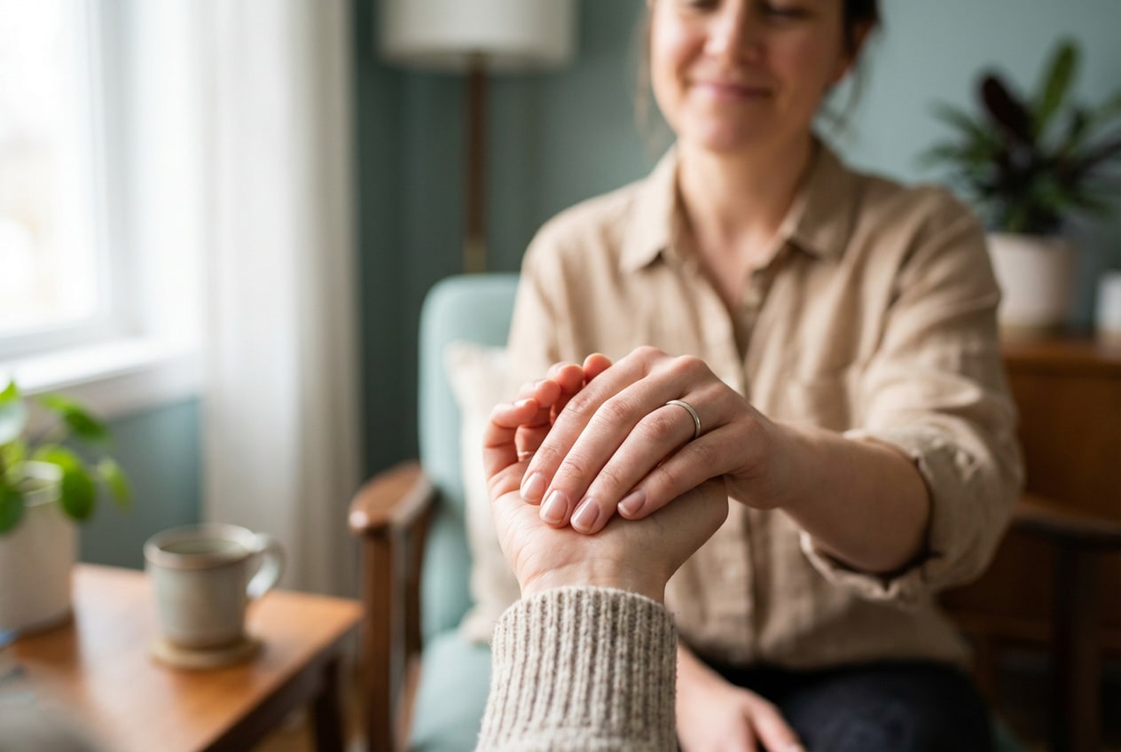 Personne effectuant un geste d'ancrage PNL en touchant son poignet