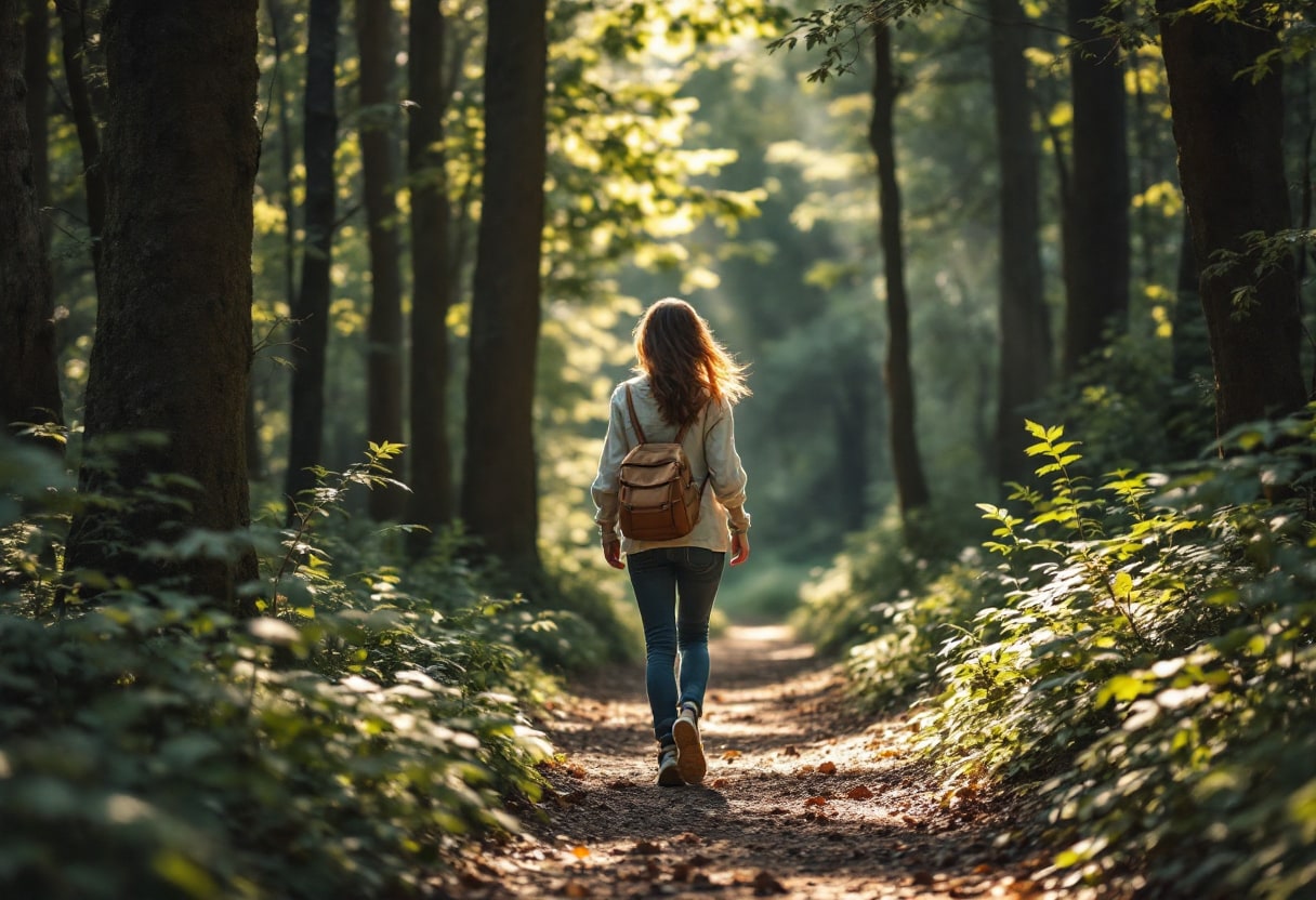 Personne pratiquant la marche méditative en forêt