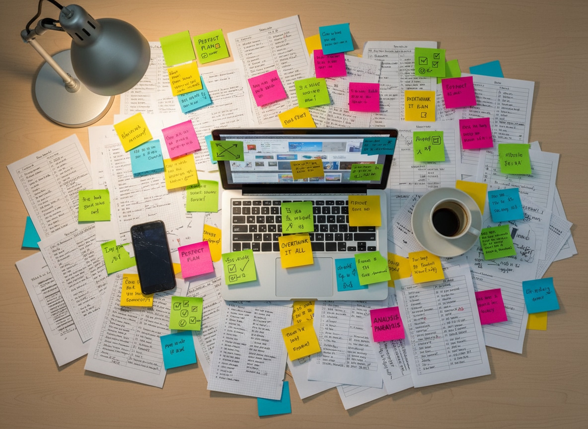 Bureau surchargé de notes et listes perfectionnistes illustrant la paralysie par analyse