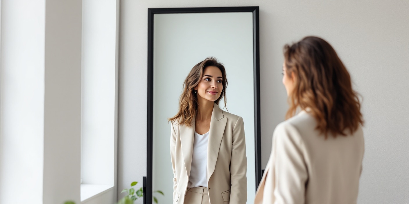 Personne pratiquant un exercice de PNL devant un miroir avec une expression déterminée et confiante