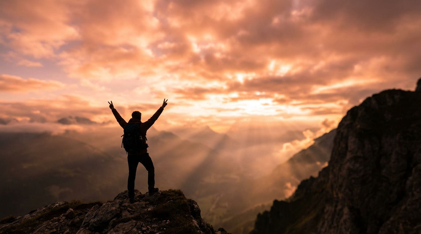 Personne au sommet d'une montagne contemplant l'horizon symbolisant l'atteinte des objectifs