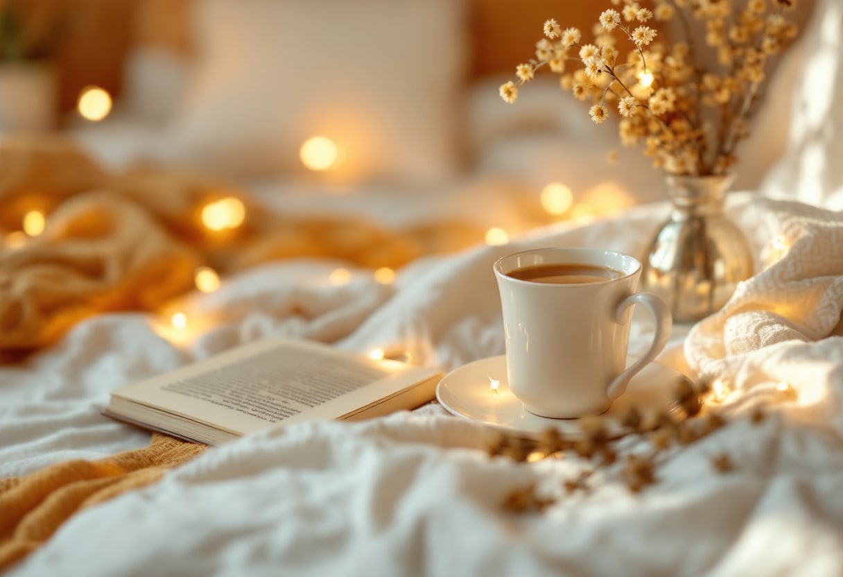 Ambiance apaisante d'un rituel du soir avec lecture et lumière douce